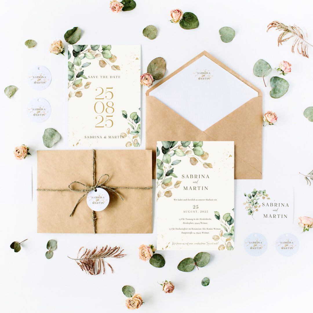 Hochzeitspapeterie Set Eukalyptus Liebe Schachteltante