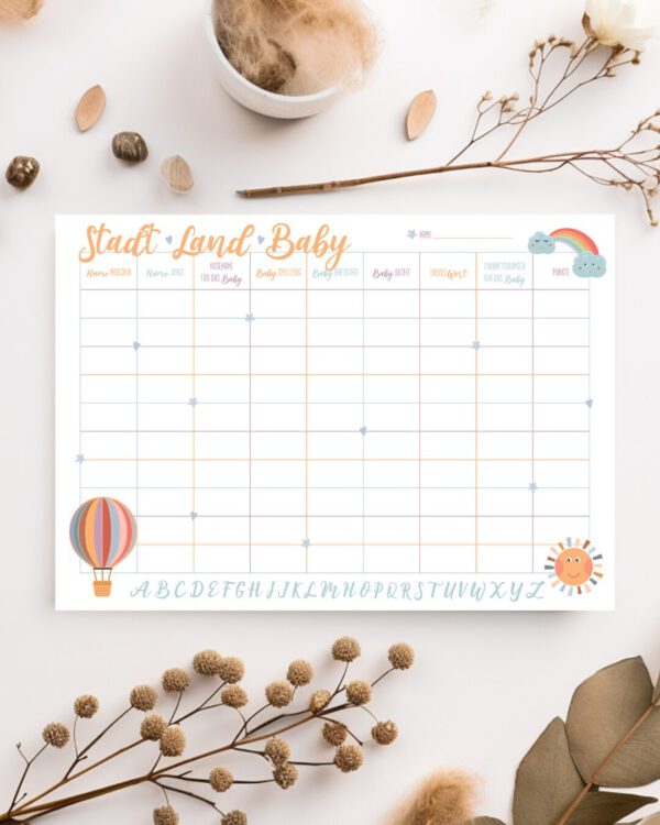Stadt-Land-Baby | Babyparty Spiel | Schachteltante