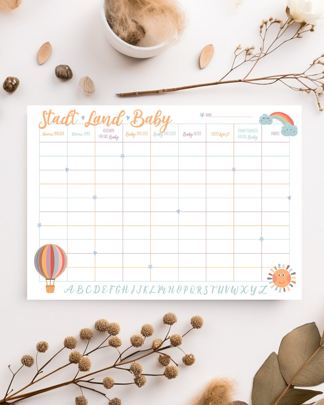 Stadt-Land-Baby | Babyparty Spiel | Schachteltante